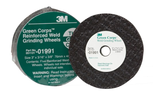 3M Green Corps Reinforced Weld Grinding Wheel features aluminum oxide mineral abrasive, popular among industrial professionals because of its fast cut-rate and long life.