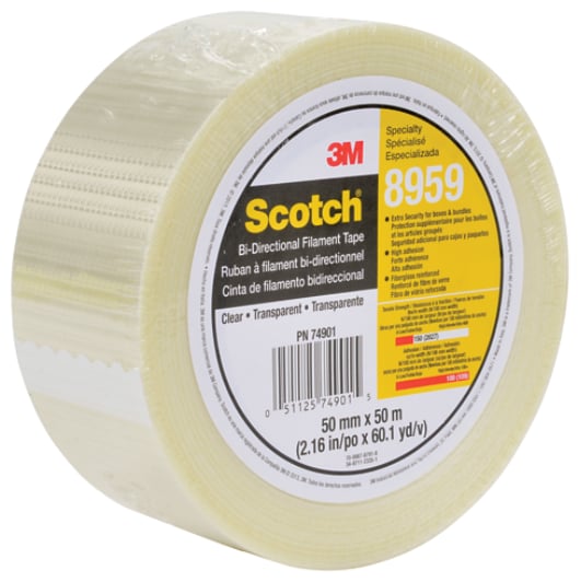 Scotch® Bi-Directional Filament Tape 8959 provides cut edge protection and resists abrasion and splitting. A synthetic rubber adhesive provides high initial adhesion and holds well with minimum rub-down on most surfaces. 