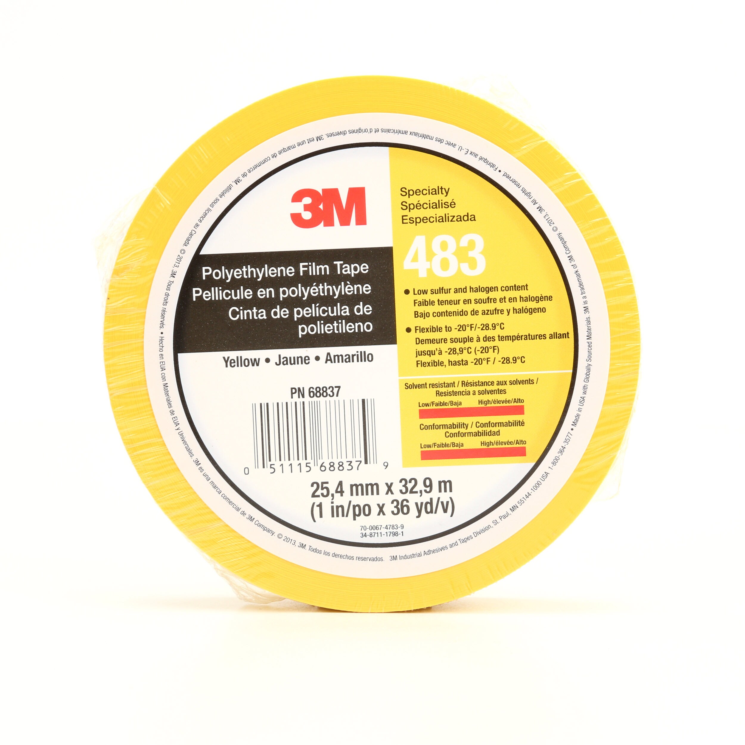 3M™ Polyethylene Film Tape 483 Yellow, 1 in x 36 yd 5.3 mil