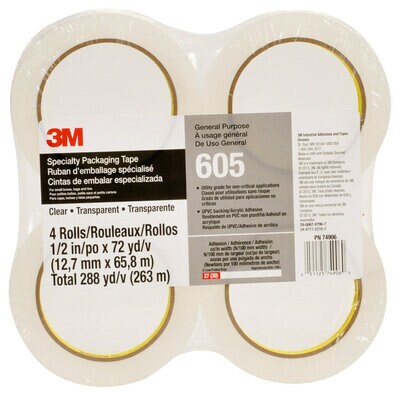 Scotch(R) Specialty Packaging  Tape 605 Clear, 1/2 in x 72 yd