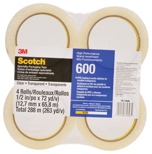 Scotch(R) Specialty Packaging Tape 600 Clear, 1/2 in x 72 yd