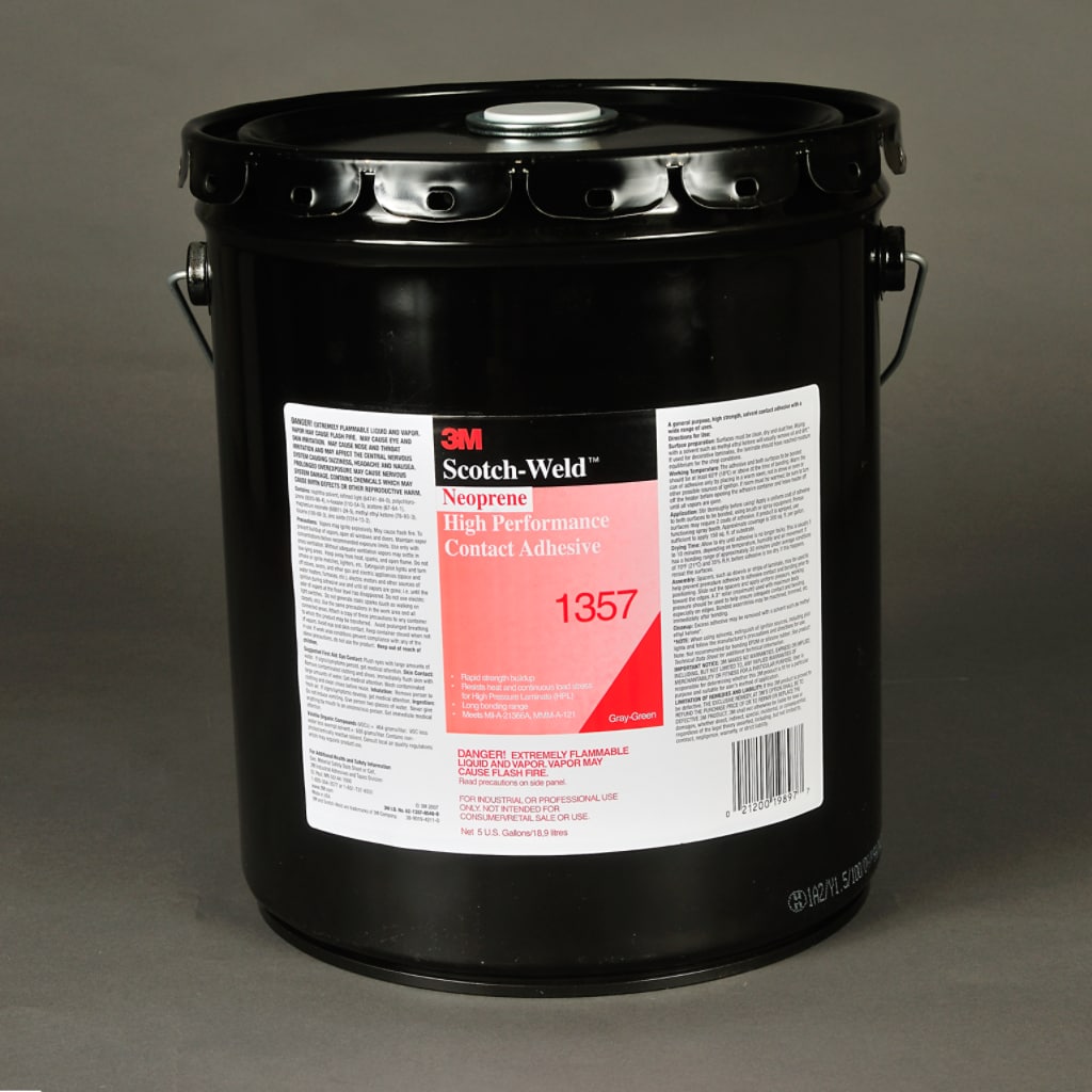 3M™ Neoprene High Performance Contact Adhesive 1357 is a versatile, solvent based adhesive. It offers high immediate handling strength and good heat resistance, and is commonly used for bonding most metals and plastics. It is also suitable for large surface panel or composite lamination.