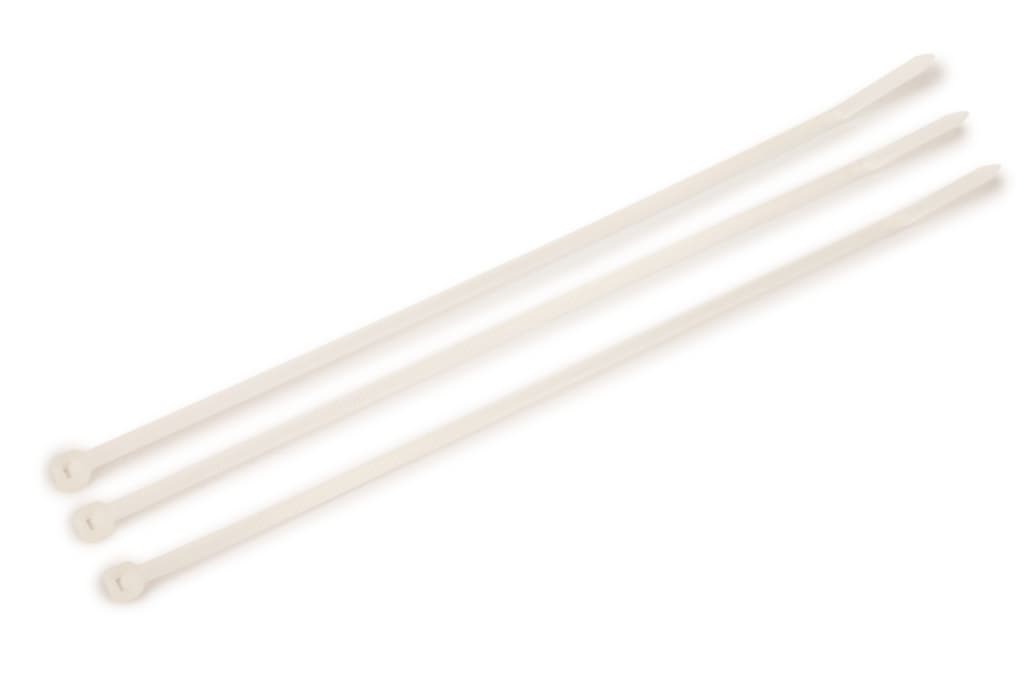 3M™ Standard Nylon Cable Ties are made with high-quality nylon 6/6 and designed to secure wire bundles and harness components quickly, without slipping. The curved tip allows for faster threading and installation, and they feature a self-locking head.