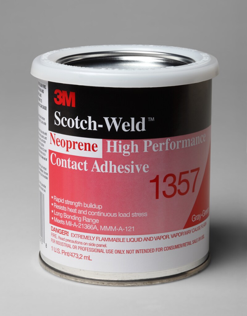 3M™ Neoprene High Performance Contact Adhesive 1357 is a versatile, solvent based adhesive. It offers high immediate handling strength and good heat resistance, and is commonly used for bonding most metals and plastics. It is also suitable for large surface panel or composite lamination.