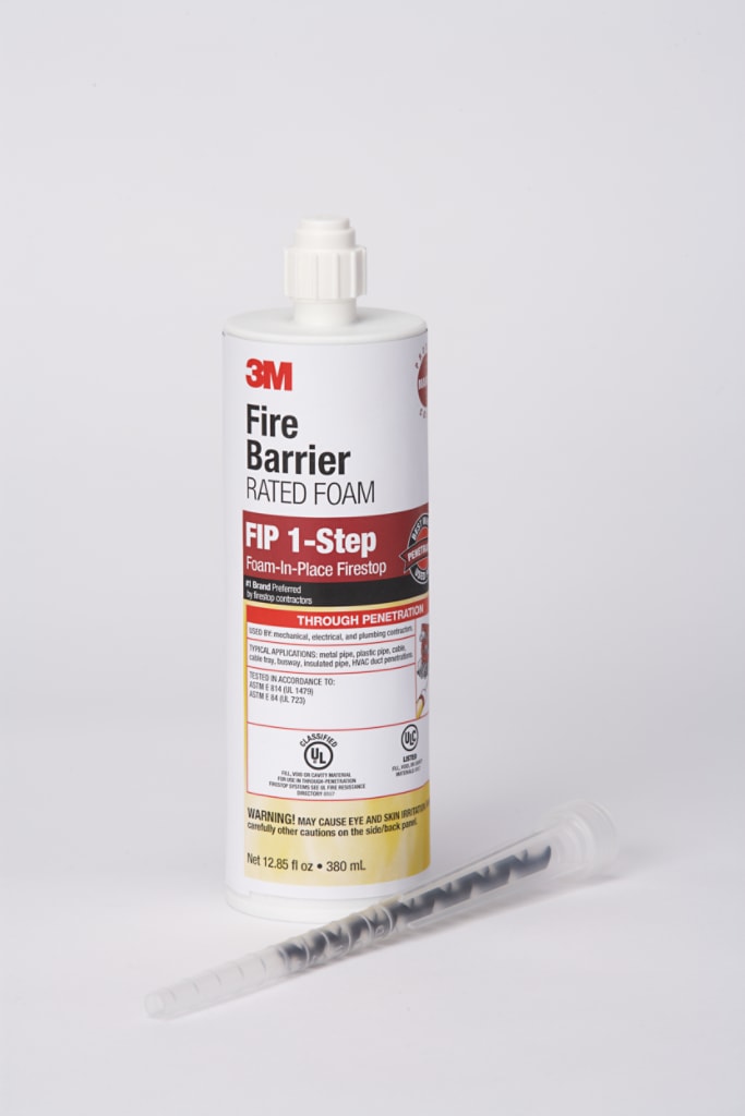 Designed to expand up to 5 times in volume after dispensing, 3M™ Fire Barrier Rated Foam FIP 1-Step is a two-part urethane, smoke, sound and firestopping foam. This intumescent foam can be used to fill the annular space created by pipes and cables penetrating through fire-rated construction. It’s an