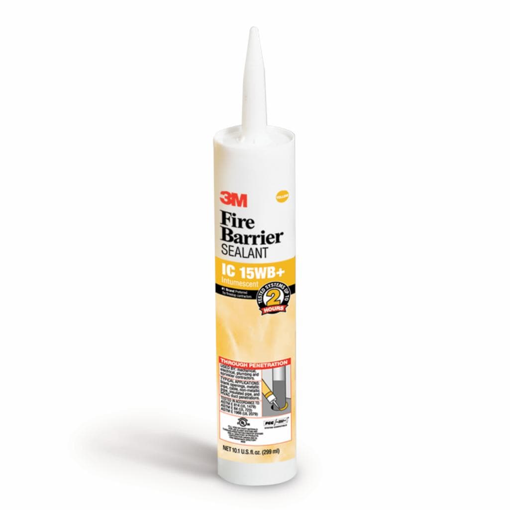Engineered to form a monolithic seal after drying, 3M™ Fire Barrier Sealant IC 15WB+ is a yellow, one-part, gun-grade, intumescent firestop sealant that provides up to 3-hour fire protection in tested and listed systems. This helps prevent the spread of fire, smoke and noxious gas, while also acting