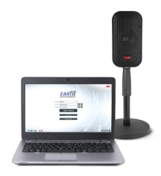 EARfit™ Dual-Ear Home Screen on Laptop and Speaker on Stand