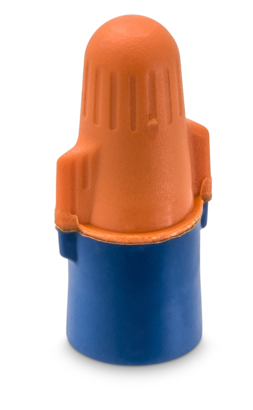 Orange and blue Scotchlok connector, designed for secure electrical connections.