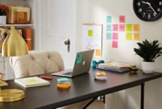 Post-it® Super Sticky Notes, Miami collection, in-use on a home office desk