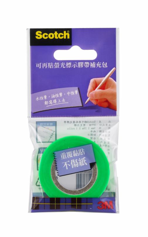 3M(TM) Scotch(R) 可再貼螢光標示膠帶補充包 812G, 綠色　　　　　