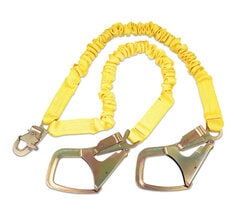 Double-leg 100% tie-off with elastic web and snap hook at center, Saflok-Max™ steel rebar hooks at leg ends.