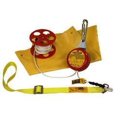 Automatic descent control kit with body sling, anchoring carabiner, rope spool and carrying bag.