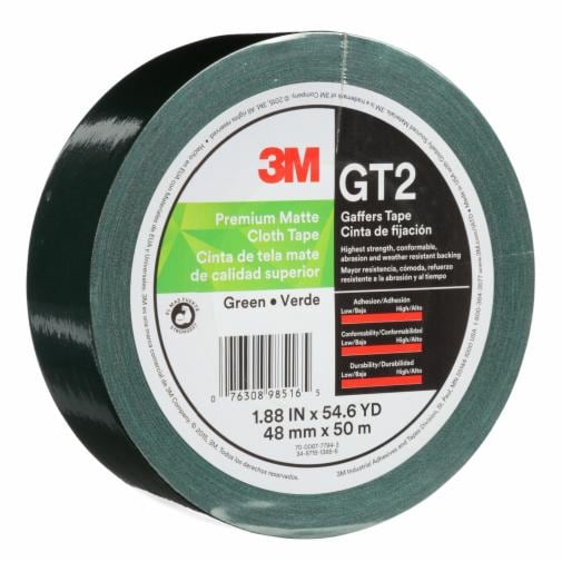 3M™ Prem Matte Cloth (Gaff) Tape GT2 Green, 48 mm x 50 m, 11 mm