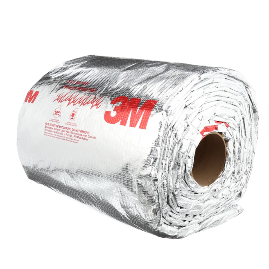 A tight roll of silver 3M Fire Barrier Plenum Wrap 5a featuring red text branding on a white background.