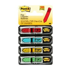 Post-it® Message Flags make it simple to request action. The bright colours and clear “sign here” message will help draw attention to important details. Additionally, the selection of red, yellow, bright blue and bright green will help you to stay organized and colour code documents. Post-it® Flags stick securely and remove cleanly. Additionally, the dispenser makes it easy for one-handed dispensing to allow you to mark documents on-the-go.