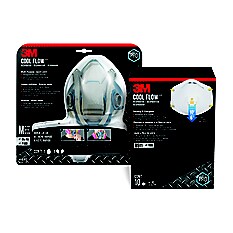 Pro Series Cool Flow Respirator family shot. Hardware packaging with red bar. 65023QLHA1C-PS and 8511HB1-C-PS.