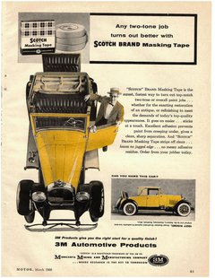 A vintage advertisement for Scotch Brand Masking Tape featuring a yellow car with a man applying tape to its edges.