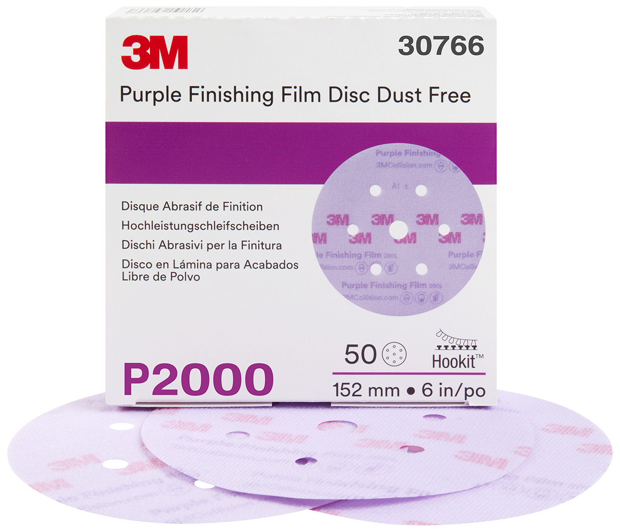 3M™ Hookit™ Purple Finishing Film Abrasive Disc 260L, 30766, 6 in, Dust Free, P2000, 50 discs per carton, 4 cartons per case