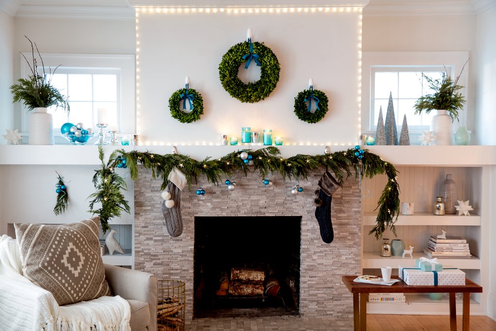 Holiday decorating festive fireplace