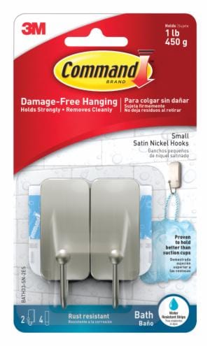 Command Bath Small Hooks, Satin Nickel, BATH33-SN-2ES, 2 Hooks, 4 Small Water-Resistant Strips image Command Bath Small Hooks, Satin Nickel, BATH33-SN-2ES, 2 Hooks, 4 Small Water-Resistant Stripsimage