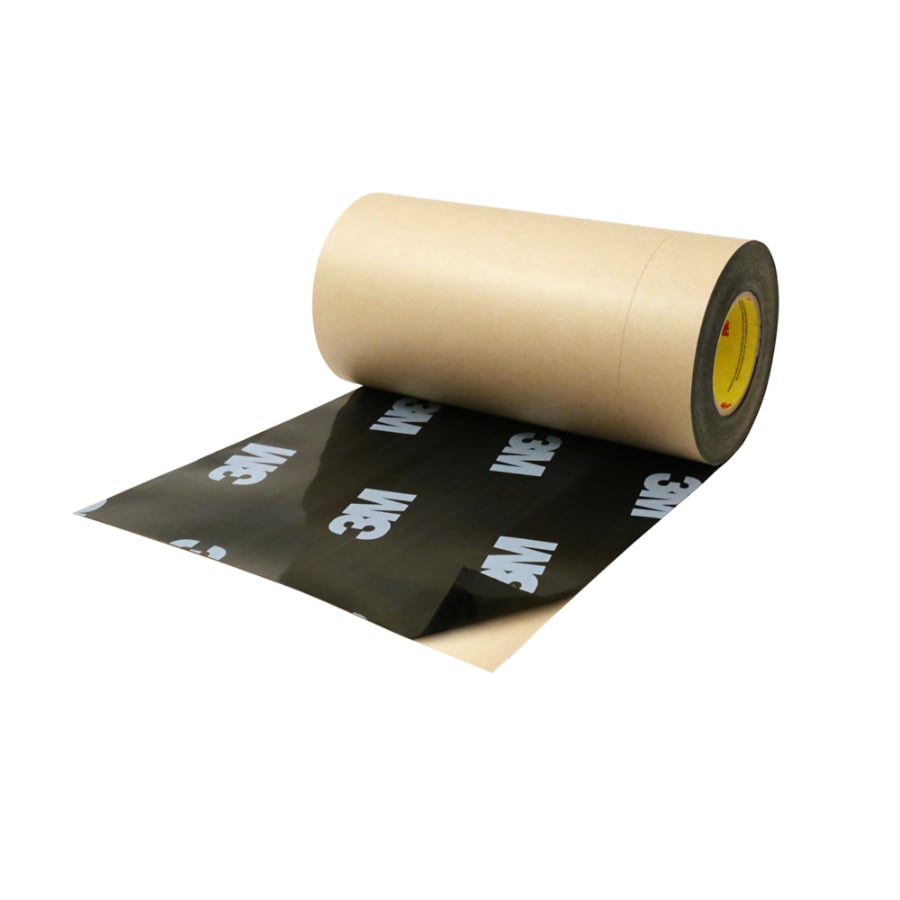 A roll of brown building tape unrolled to show a black adhesive surface printed with a white 3M logo.