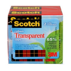 Scotch® Transparent Tape is a premium transparent tape made with 65 percent plant-based adhesives and still gives you a glossy finish for general purpose use. It cuts easily, resists splitting and tearing, yellowing and drying out.