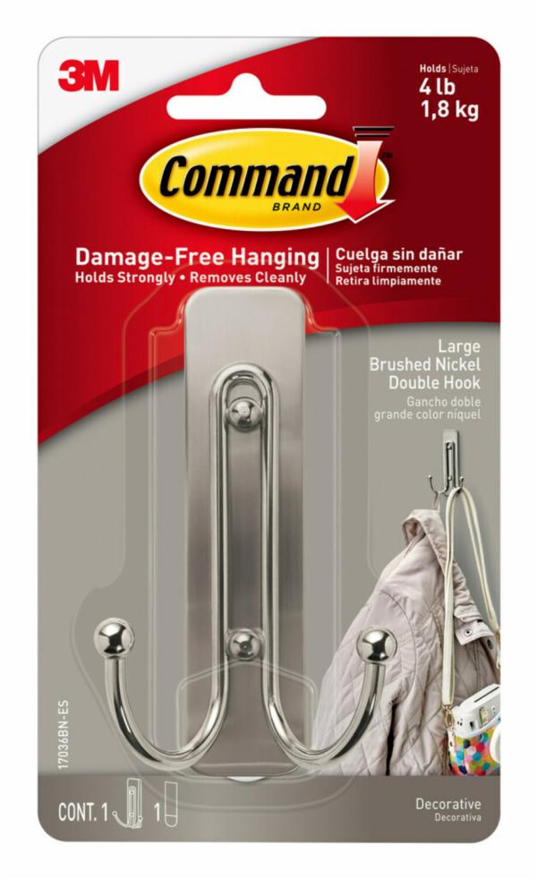 Command Large Brushed Nickel Double Hook 17036BN-ES