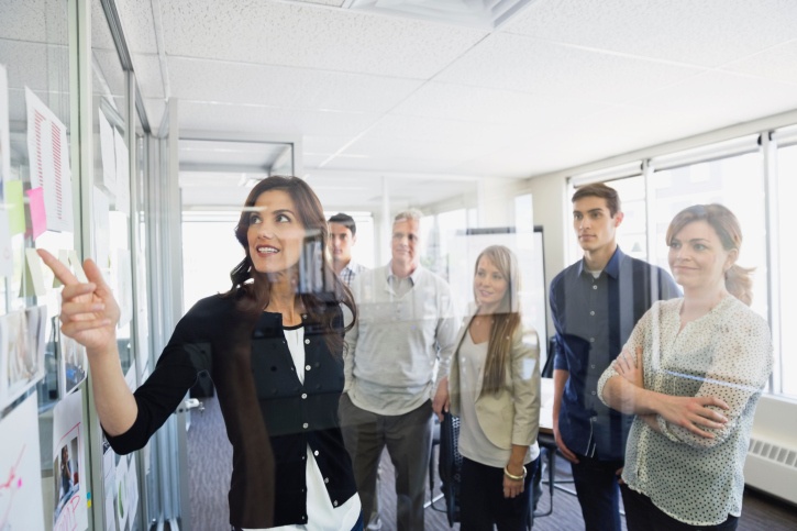 Businesswoman discussing project with colleagues in office