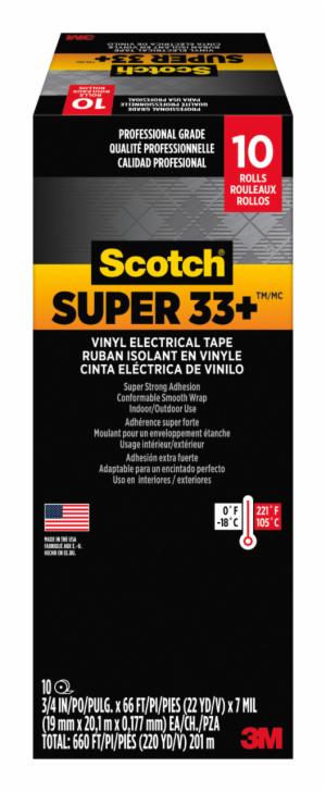 Scotch Super 33+ Electrical Tape, 6132-BA-100, 3/4 in x 66 ft x 0.007 in (19 mm x 20,1 m x 0.177 mm), 100/caseimage