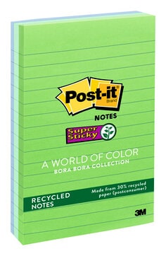 Post-it(R) Super Sticky Recycled Notes 660-3SST, 4 in x 6 in (101 mm x 152 mm) Bora Bora Colors