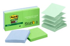 R330-6SST Post-it(R) Recycled Super Sticky Pop-up Notes, 3 in x 3 in, Bora Bora Collection, 6 Pads/Pack, 90 Sheets/Pad