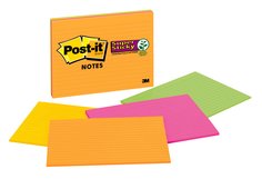Post-it® Super Sticky Notes, 8 in x 6 in, Assorted, Lined, 4 Pads/Pack
