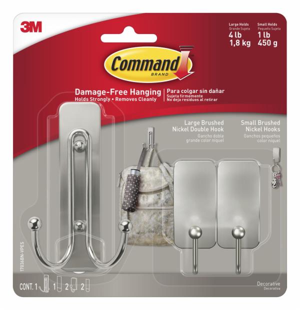 Command Large Double and Small Brushed Nickel Hooks 17036BN-VPES
