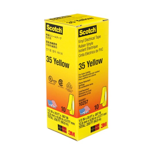 0 to 221 Degree F 1250V//mil Dielectric Strength 3M Scotch 35 Polyvinyl Chloride Color Coding Electrical Tape 20 Length x 1//2 Width Yellow 20/' Length x 1//2 Width 10257