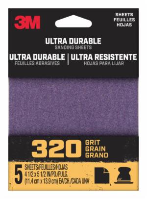 3M™ Ultra Durable Power Sanding 1/4 Sheet, 320 grit, 1/4Sht5pk320, 5 pk, 20/caseimage