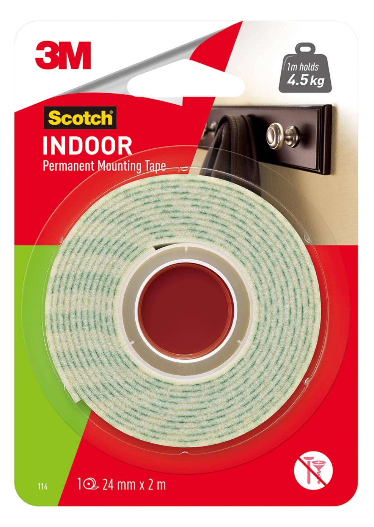 Scotch® Indoor Mounting Tape CAT114, 1 in x 2 m, 6 Rolls/Bag, 6 Bags