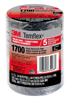 3M™ Temflex 1700 Vinyl Electrical Tape, .75"x60', 1700-5PK-BB6