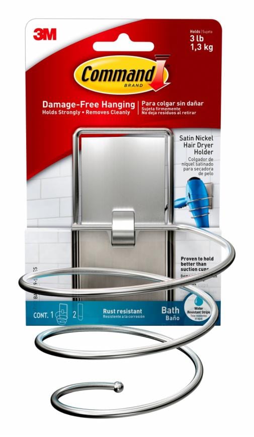 Command™ Satin Nickel Hair Dryer Holder BATH39-SN-ES, 2 Packs/Bag, 3 Bags/Case