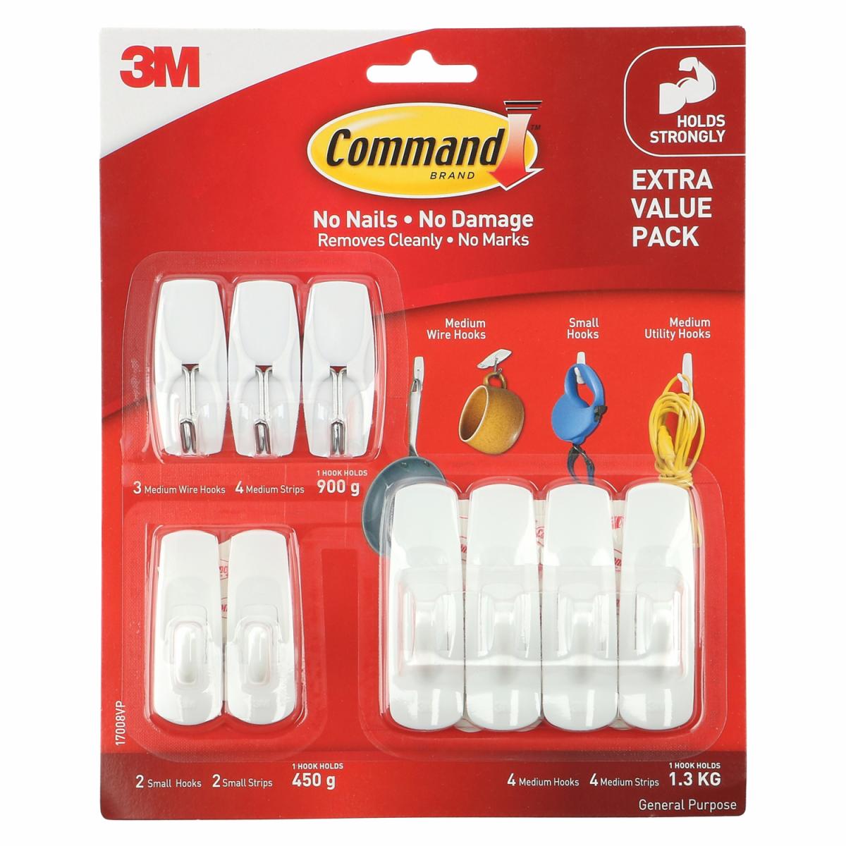 Command™ Hooks Strips Combo Packs, 17008VP Wire and Utility Hooks VP, 9PK, 16 Pack/Case 3M