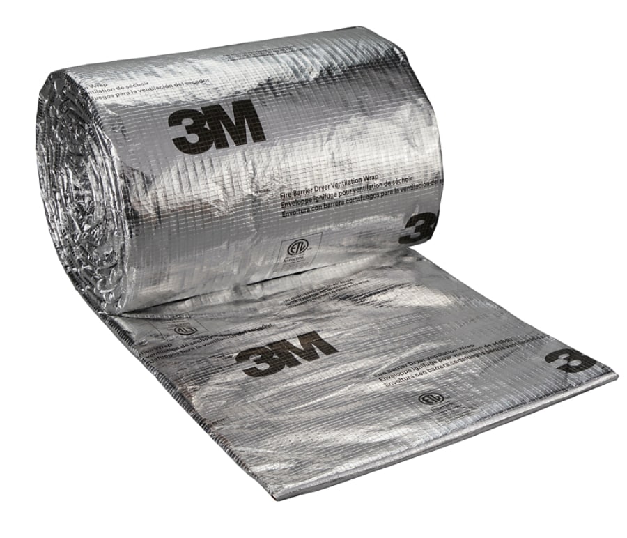 A roll of shiny silver 3M Fire Barrier Dryer Ventilation Wrap partially unrolled on a white background.