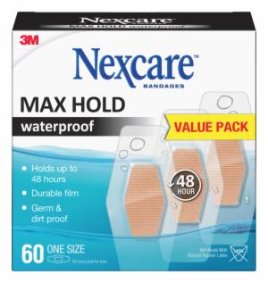 Nexcare Max Hold Waterproof Bandages MHW-60, One Size 60ct 1.25 in x 2.5 in (31 mm x 63 mm) image Nexcare Max Hold Waterproof Bandages MHW-60, One Size 60ct 1.25 in x 2.5 in (31 mm x 63 mm)image