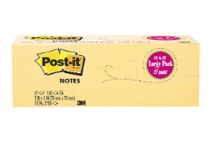 Post-it® Notes, Canary Yellow,  3 in x 3 in., 100 sheets/pad, 27 pads/pack, 