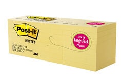 Post-it® Notes, Canary Yellow,  3 in x 3 in., 100 sheets/pad, 27 pads/pack, 