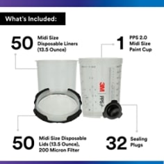 3M PPS 2.0 Spray Gun Cup, Lids and Liners Kit, 26112, Midi, 13.5 Oz, 200-Micron Filter - Contents