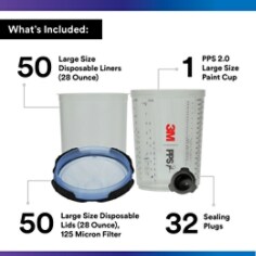 3M PPS 2.0 Spray Gun Cup, Lids and Liners Kit, 26325, Large, 28 Oz, 125-Micron Filter - Contents