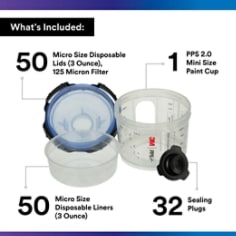 3M PPS 2.0 Spray Gun Cup, Lids and Liners Kit, 26328, Micro, 3 Oz, 125-Micron Filter - Contents