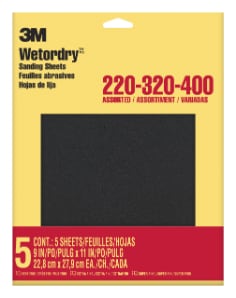 3M™ Wetordry™ Sandpaper, 9 in. x 11 in., Assorted Grits, 5 Sheets/Pack