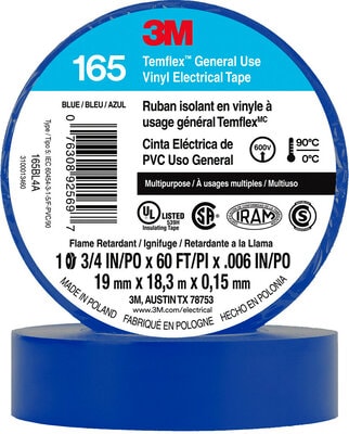 3M™ Temflex™ Vinyl Electrical Tape 165, Blue, 3/4 in x 60 ft (19 mm x 18 m), 100 Rolls/Case 