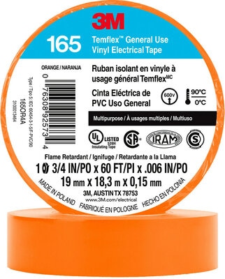 3M™ Temflex™ Vinyl Electrical Tape 165, Orange, 3/4 in x 60 ft (19 mm x 18 m), 100 Rolls/Case 