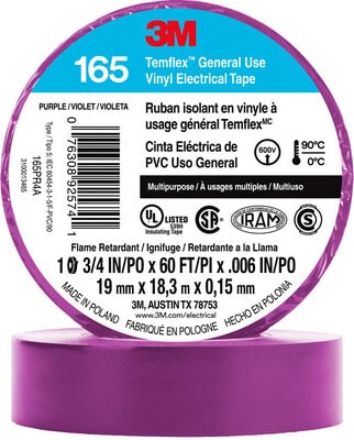 3M™ Temflex™ Vinyl Electrical Tape 165, Purple, 3/4 in x 60 ft (19 mm x 18 m), 100 Rolls/Case 